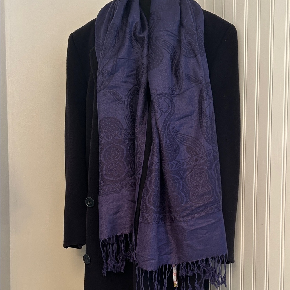 Navy Paisley Silk and Pashmina Scarf